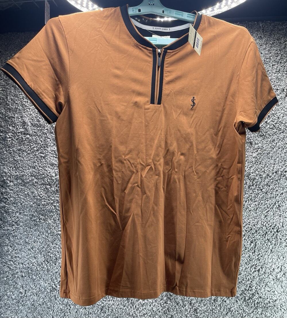 Mens Scott James 1/4 Zip Henley Short Sleeve TShirt Size Large Brown Black New